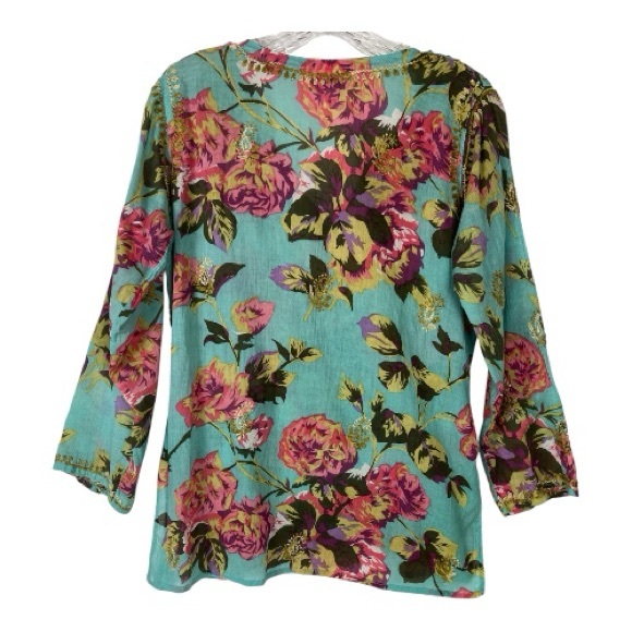 Indika Embroidered Tunic Top Floral V Neck Long Sleeve Light Teal Boho - Picture 2 of 8